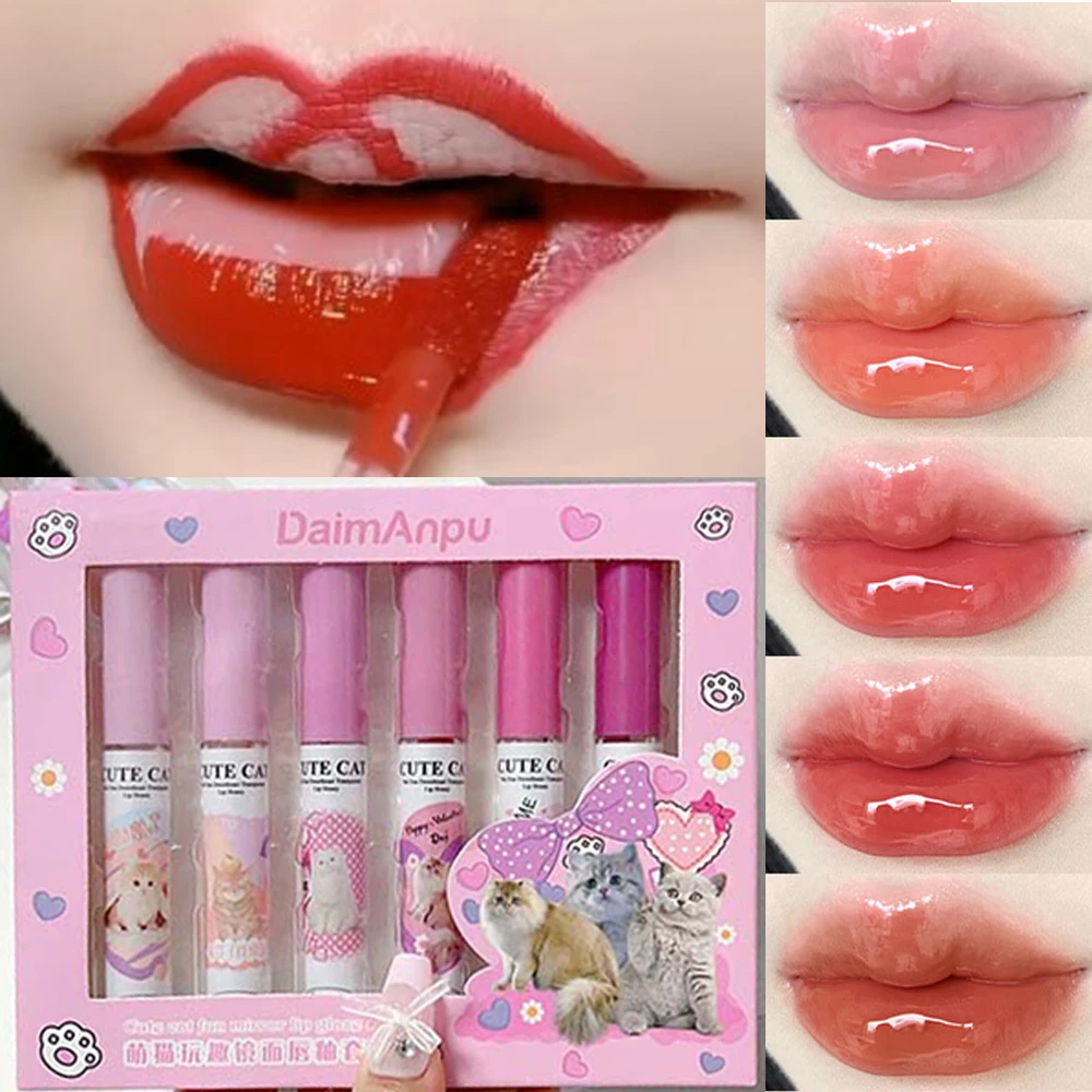 6 Stuks Spiegel Lip Glazuur Set Water Licht Kat Vloeibare Lippenstift Niet Gemakkelijk Te Vervagen Blijvende Waterdichte Lipgloss Rode Lippen Make-Up Cosmetisch