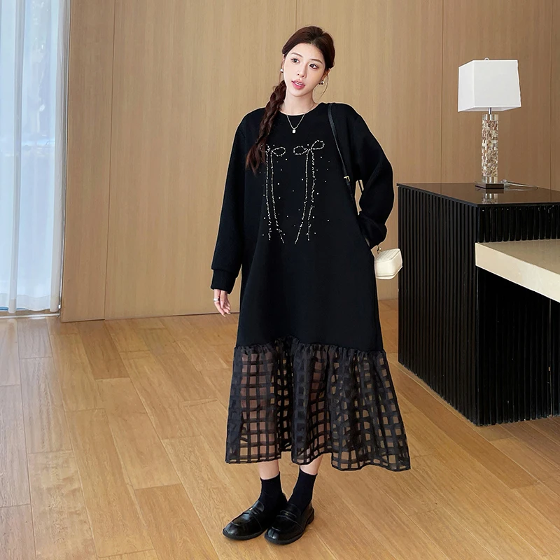 Autumn Winter Women's T-Shirt Dresses for 2024 New Loose Diamond Patchowrk Mesh Plaid Hoodies Dress Long Sleeve Female Robe KE53