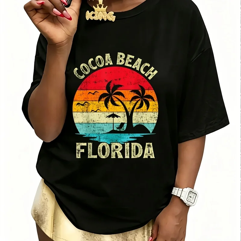 Family Vacation Vintage Retro Florida Cocoa Beach t Shirt Women's 100% Cotton T-Shirt Fun Print Short Sleeve Top Casual Round Neck Tee S-5Xl