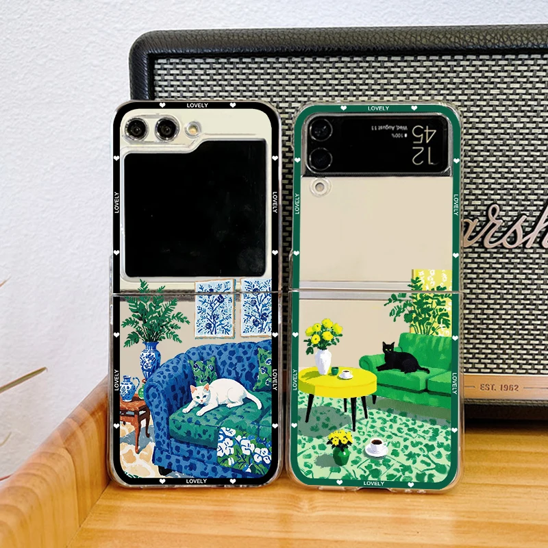 Simple Cute Scenery Cat Case for Samsung Galaxy Z Flip 5 ZFlip 6 Cartoon Transaprent Cover for Samsung ZFlip 4 Z Flip 3 Fundas