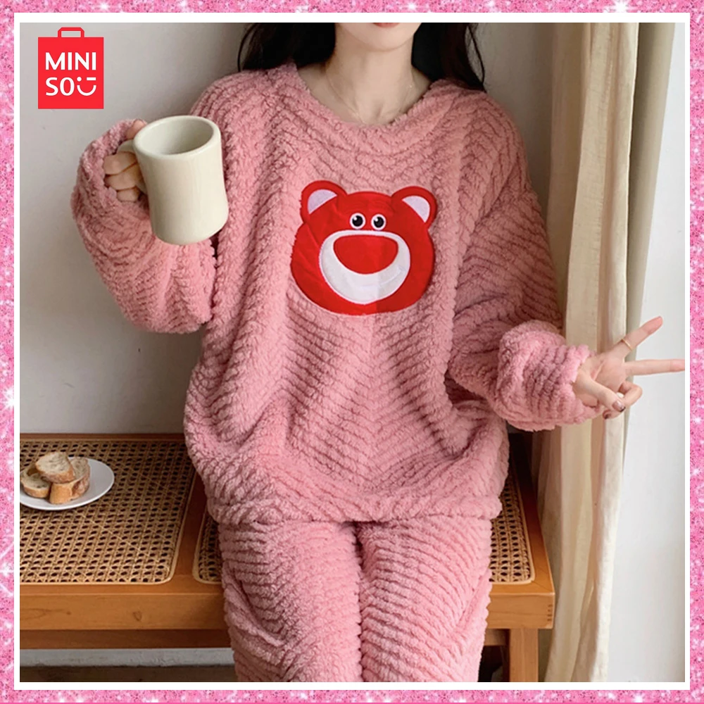 

2024 Miniso New Lotso Winter Cartoon Plus Size Homewear Coral Velvet Pajamas Pajama Pants Two Piece Set Pink Christmas Girl Gift