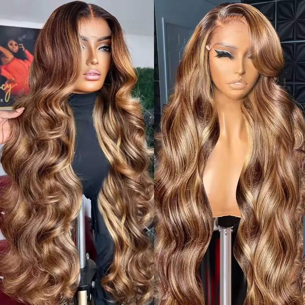 

Brazilian Highlight Ombre Body Wave Wig 4/27 Colored HD Human Hair Lace Front Wigs13x4 13x6 Frontal Wig 220 Density For Women