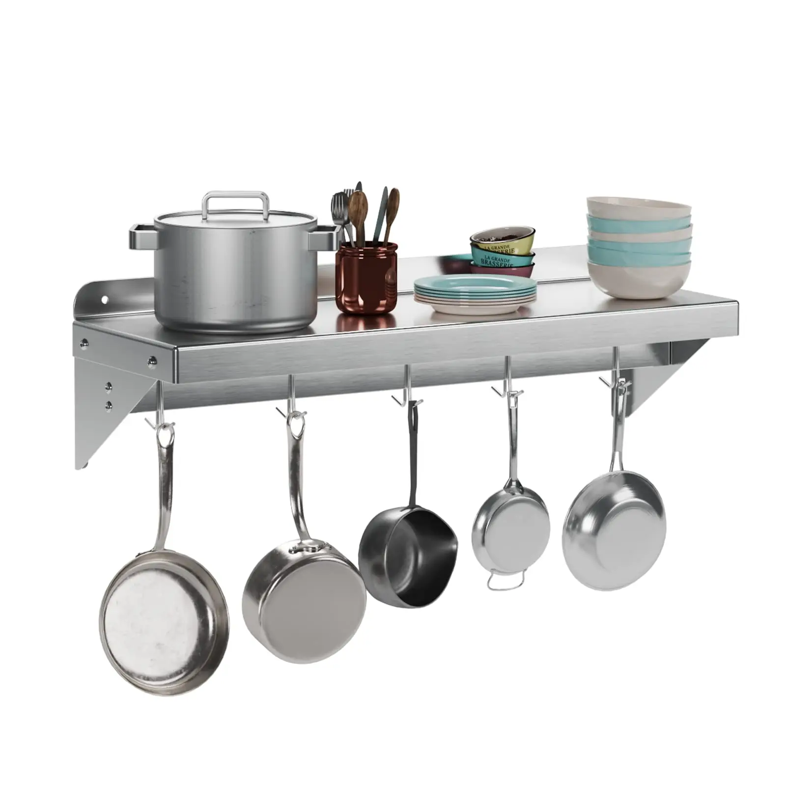 

Metal Multifunctional Storage Rack with Backsplash for Kitchen, 12" x 24" Stainless Steel Wall Mount Shelf with 5 Hooks