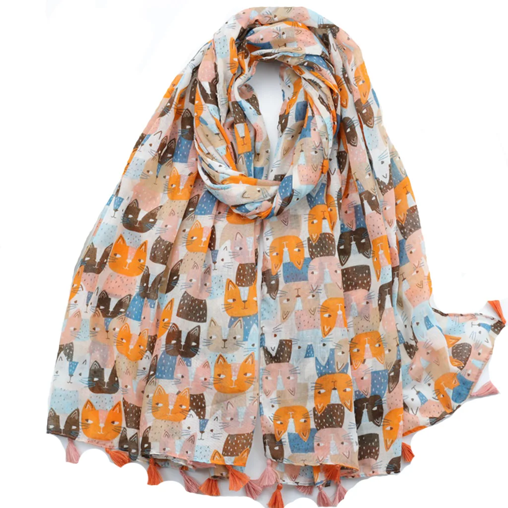 

2023 Newest Women Cat Pattern Animal Printed Scarf Cotton Voile Scarf Shawls