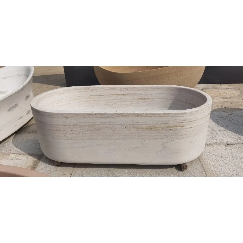 In Stock Modern Portable Hot Design Oval Shape Stone Tub Bathroom Soaking Marble Freestanding Bathtub With Drainer