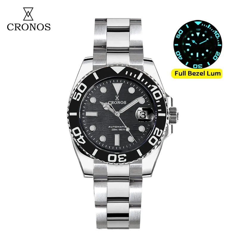 Cronos Sub Diver Men Watch Stainless Steel PT5000 Brushed Bracelet Ceramic Bezel 200 Meters Water Resistant L6018