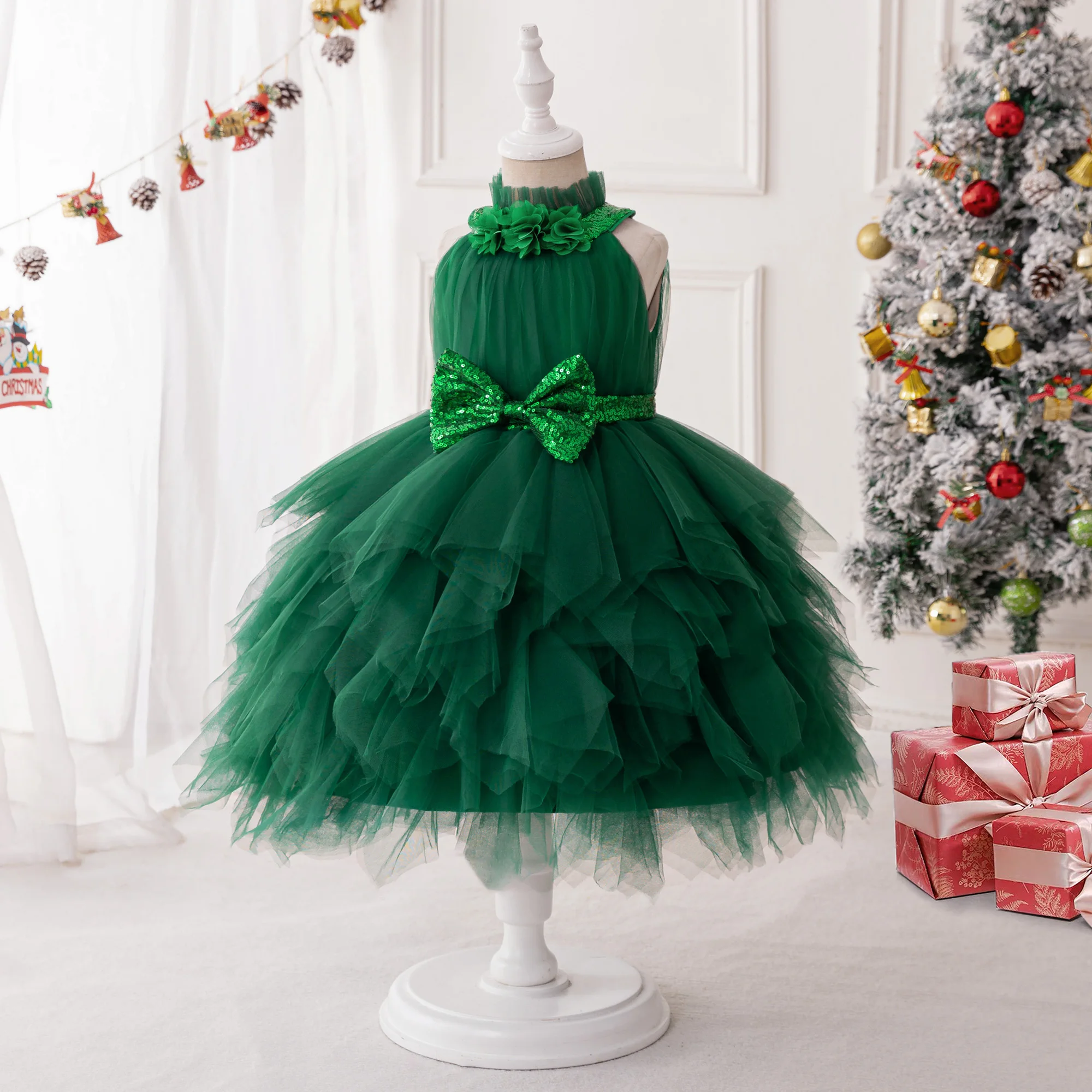 Green Christmas Princess Dresses For Girls Xmas Tree Costumes Kids New Year Festival Gift Outfit Children Carnival Party Clothes