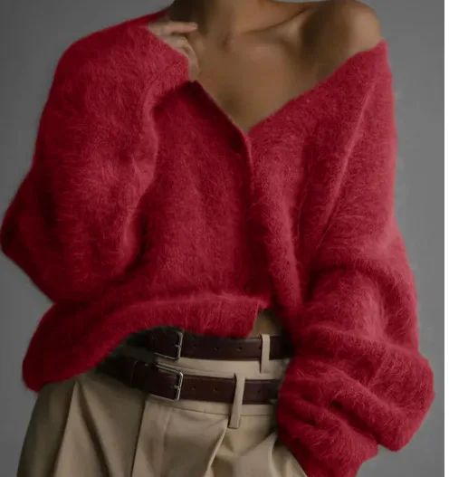 2026 Mink Fur Casual Knitwear Female V-neck Loose Ladies Knitted Top Sweater Jacket Autumn Winter Women Cardigan Sweater
