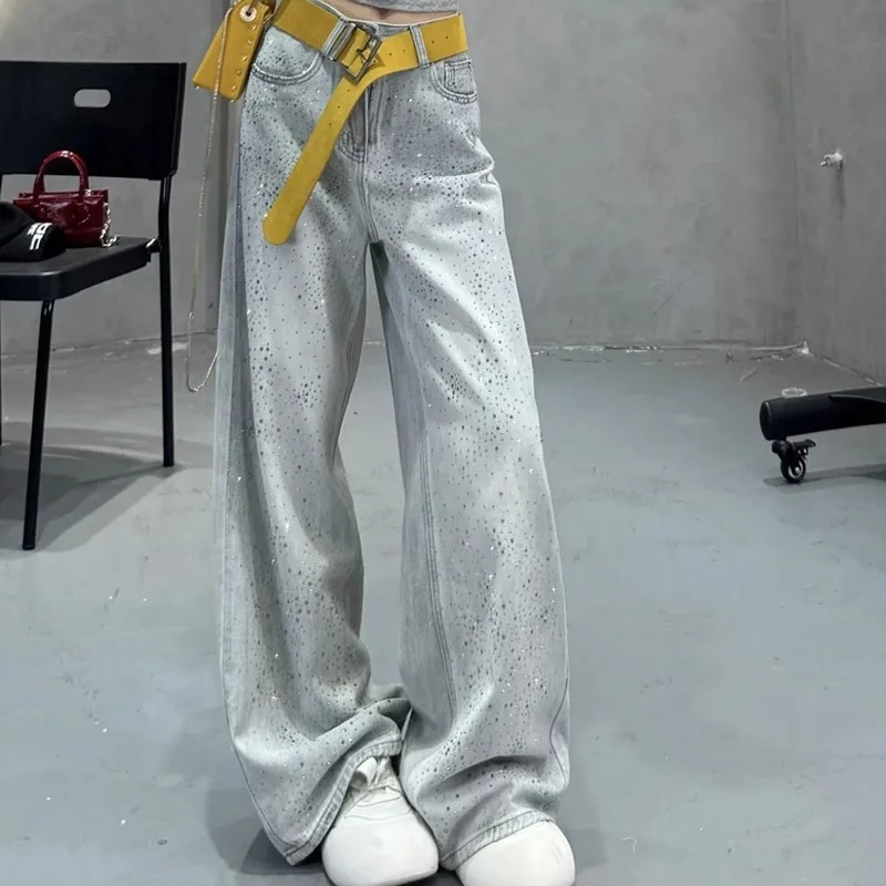 กางเกงขายาวทรงขาบานสไตล์ Y2K สำหรับผู้หญิง ดีไซน์เพชรประดับ Mantianxing เอวสูง ทรงหลวมตรง ใส่สบายๆ ในฤดูร้อน