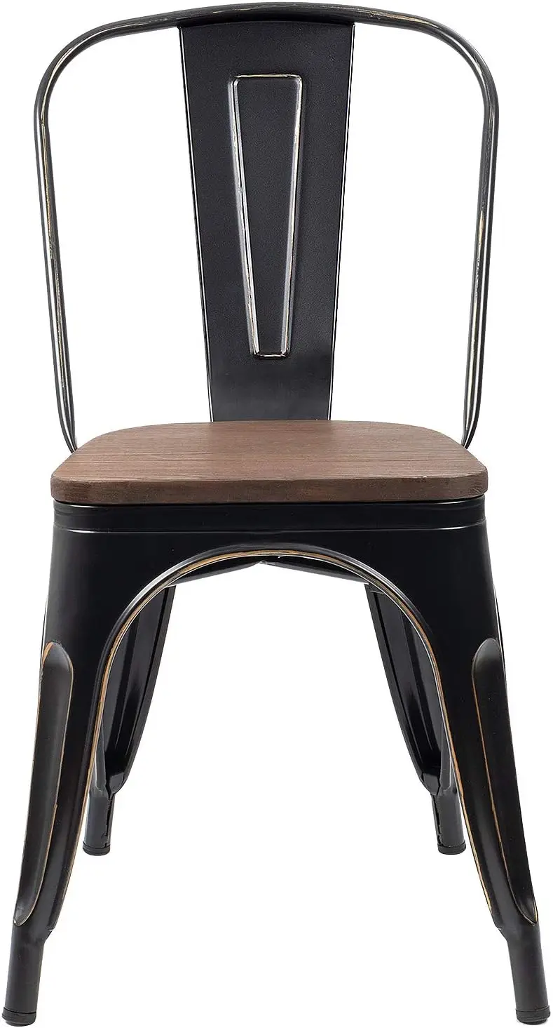 Metal Dining Chairs with Wood Seat, Indoor-Outdoor Use Stackable Chic Dining Bistro Cafe Side Metal Chairs Set