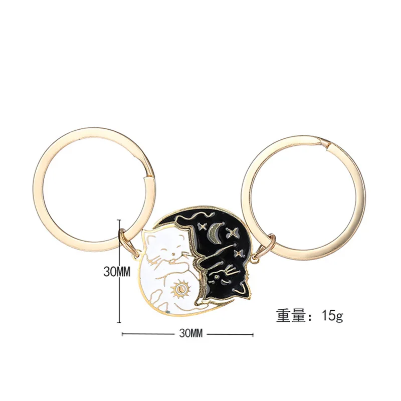 New Cartoon Sun Moon Black and White Cat Stainless Steel Keychain Couple Keychain Cute Backpack Pendant Wholesale