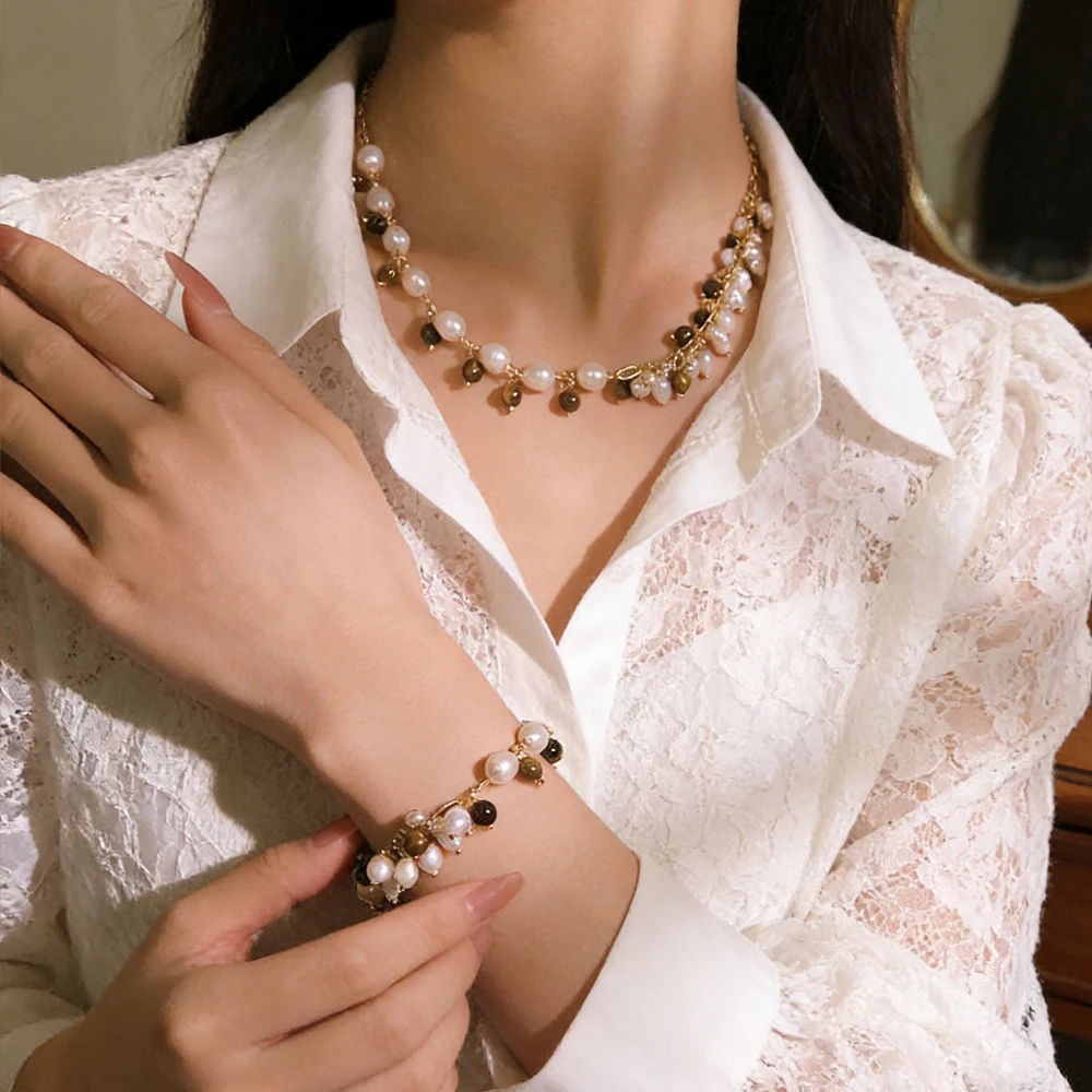 

Original Natural Pearl Tiger Eye Chain Necklace Bracelet Set for Women Fashion Charm Beads Choker Collar Jewelry Accessory Gifts