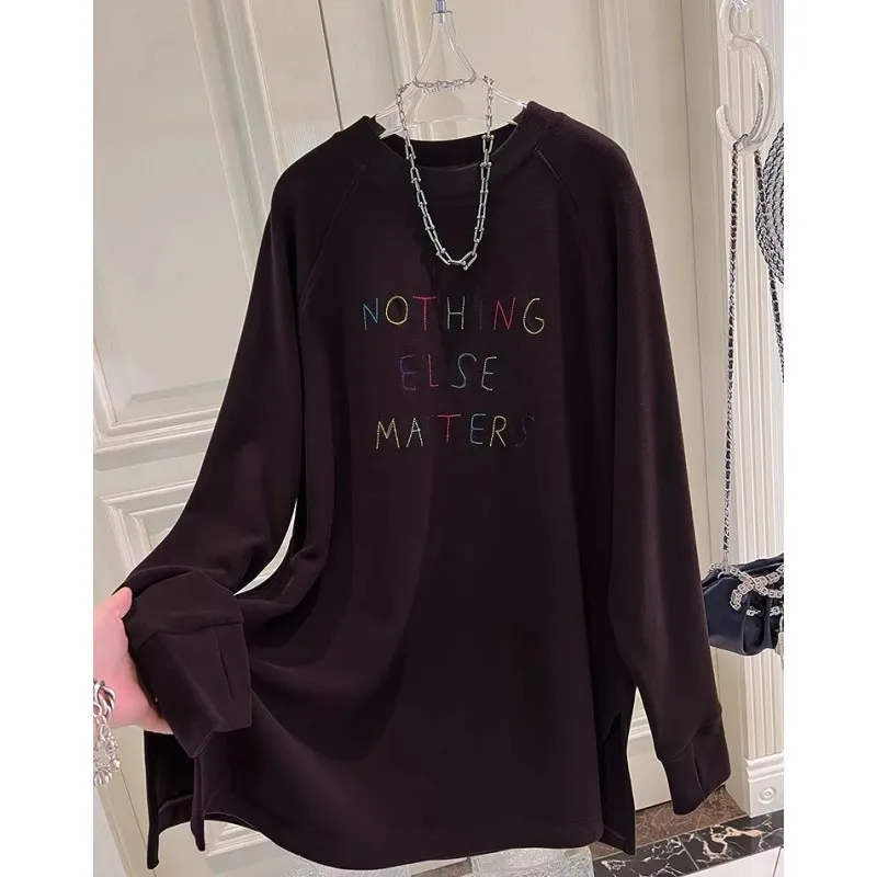 Oversize Long Sleeve T-Shirt Embroidered Letter Split Hem Casual Style for Men And Women Breathable Spring Autumn Top