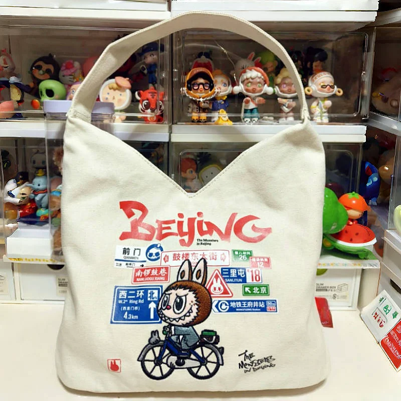 Hot Sale Monster Labubu Beijing Series Anime Peripheral Canvas Bag Large Capacity Shoulder Bag Student Handbag  Collection Gifts