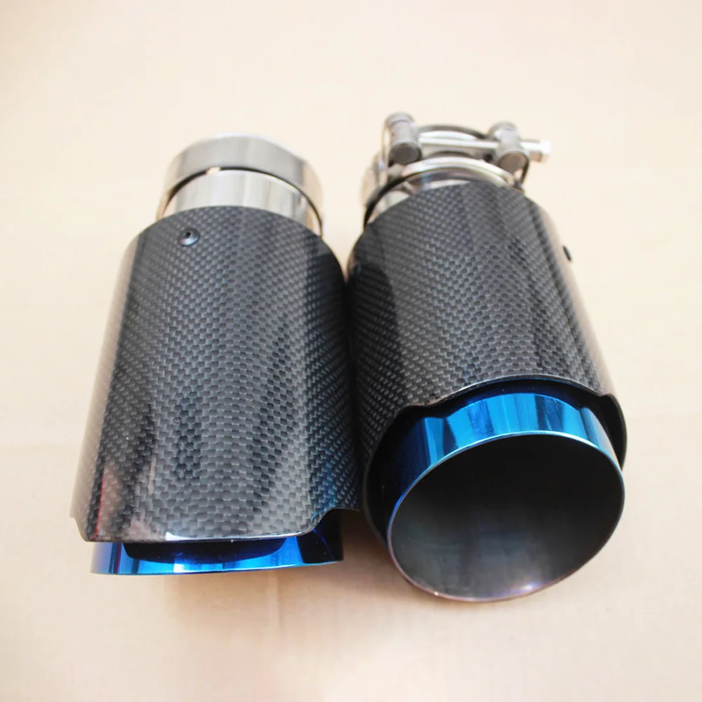 Car Glossy Carbon Fiber Muffler Tip Exhaust System Pipe Mufflers Nozzle Universal Straight Stainless Blue For Akrapovic