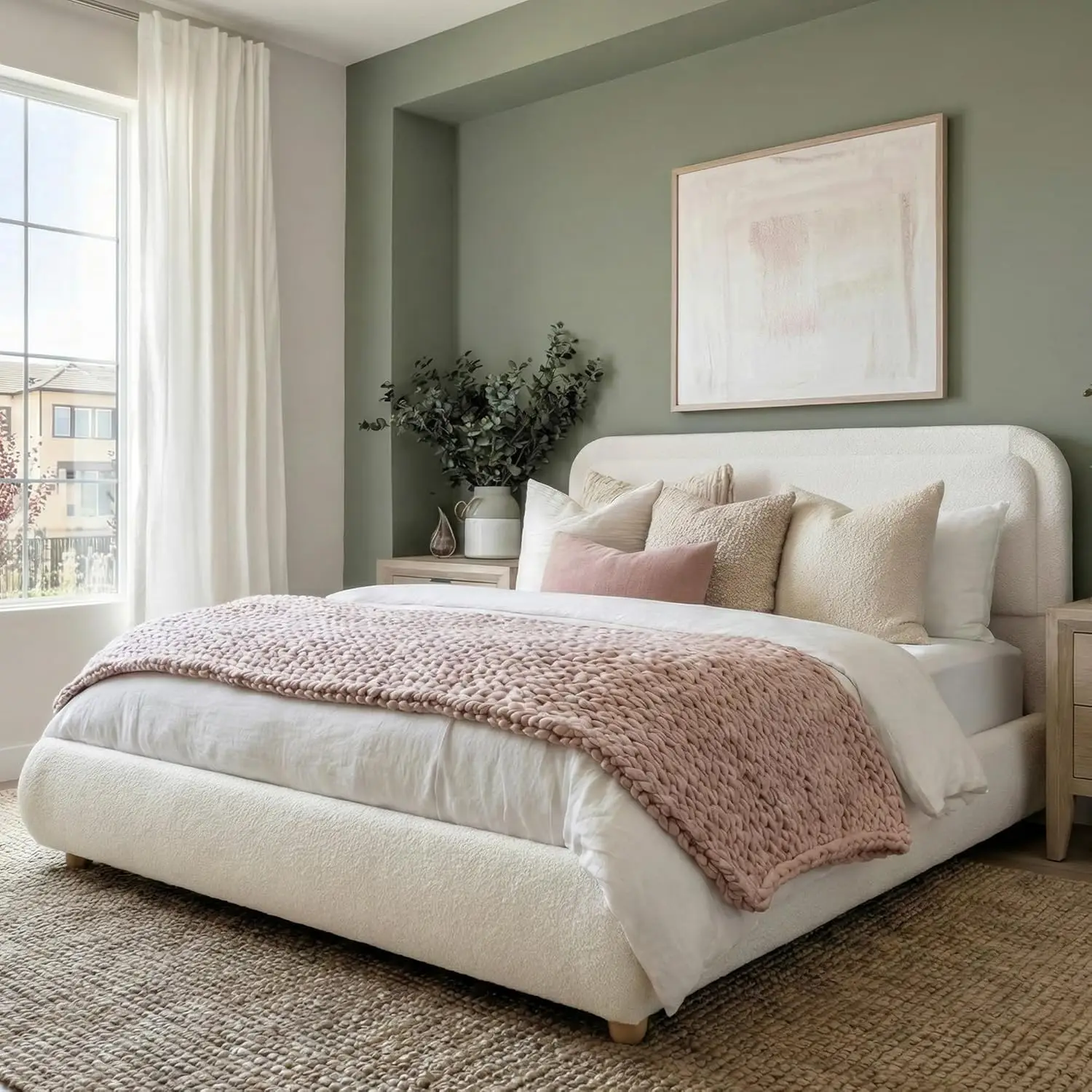 Full Size Upholstered Bed Frame Boucle Rounded Headboard Solid Wood Legs Boho Easy Assembly No Box Spring Needed, Customized image 3