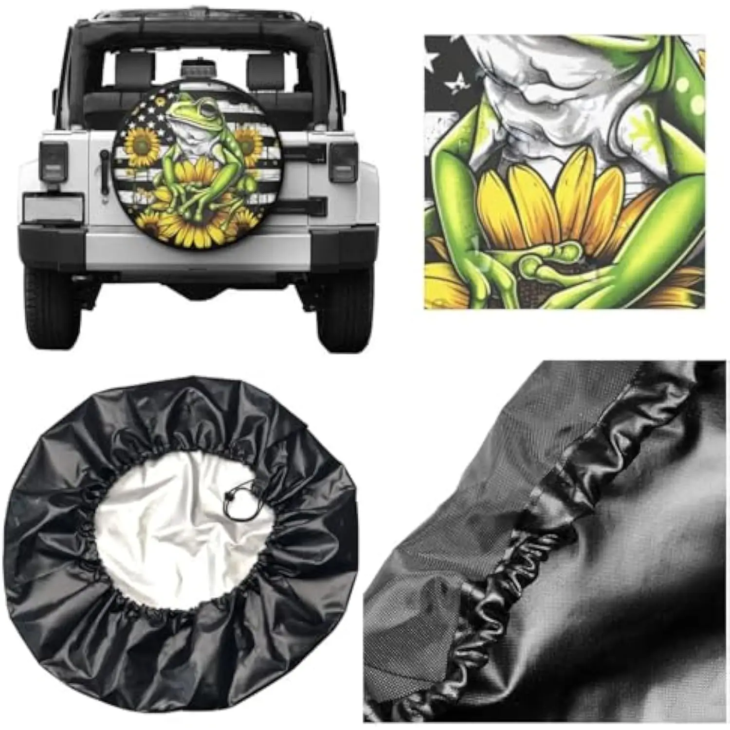 Sunflower Frog American Flag Spare Tire Cover Waterproof Polyester Fiber Camper Trailer SUV Wheel Protector Outdoor Travel Cover