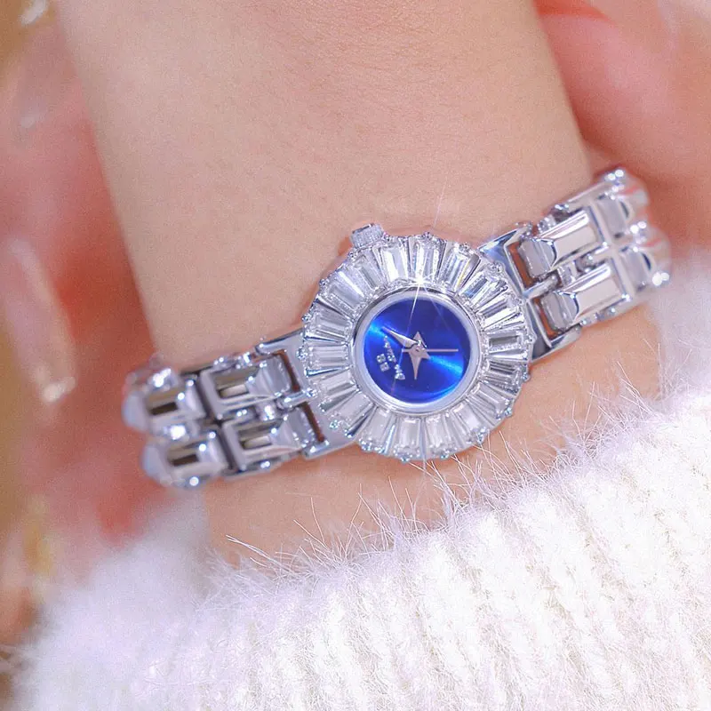 2024 Hot Selling Gemstone Series Blue Dial Luxury Rhinestone Gold Silver Women\'s Watch with Steel Strap Waterproof Quartz Clock