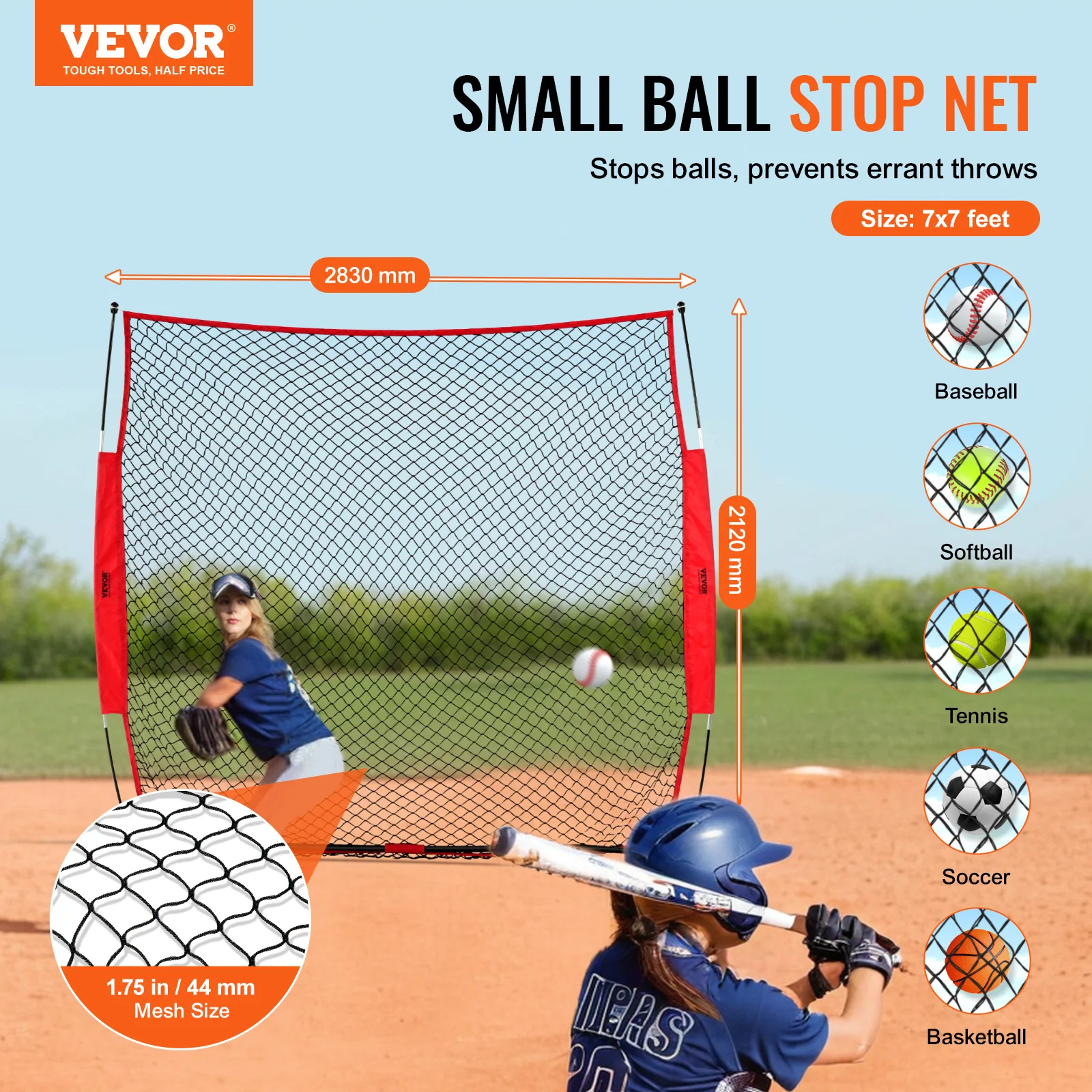 VEVOR 7x7 ft Barricade Backstop Net Ball Sports Barrier Netting Portable Practice Equipment with Carry Bag Protection Screen 