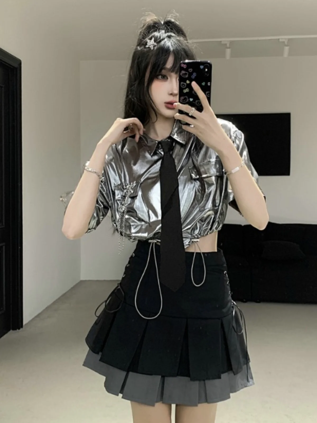 Silver Drawstring Shirt Jazz Dance Street Dance Performance Outfit Women's Group Stage Show Clothing Trendy Summer Fashion