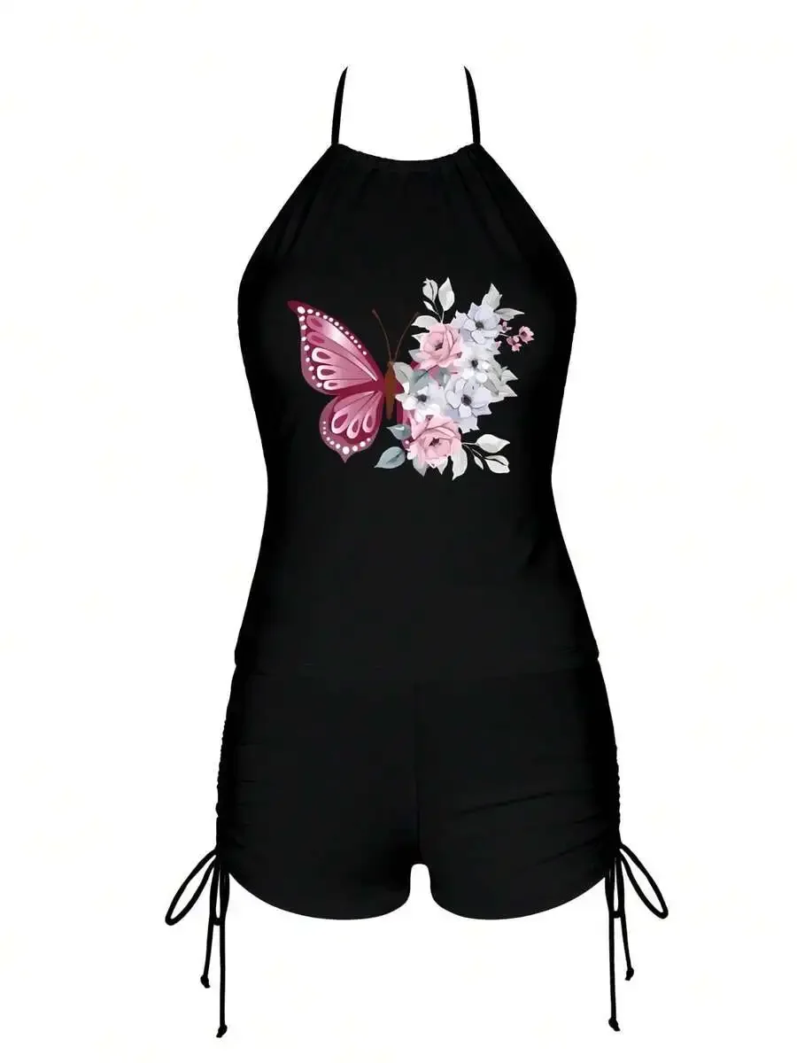 Womens Butterfly And Floral Print Tankini Set With Drawstring Shorts Modest Tummy Control Swimsuit