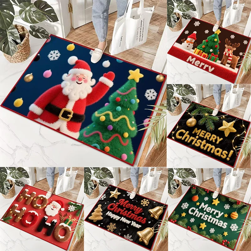 Visuelle Weihnachts-Fußmatte aus Samt mit Weihnachtsmann-Schneemann-Elchmustern, Bodenmatte für die Dekoration Ihres Zuhauses, die einen festlichen Charme hinzufügen