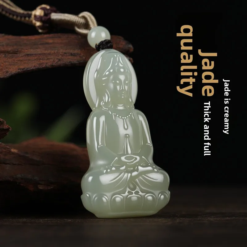Natural Hetian Jade Clear Green Vase Holding Guanyin Pendant For Men Chinese Traditional Lucky Blessing Wealth Amulet Exquisitel