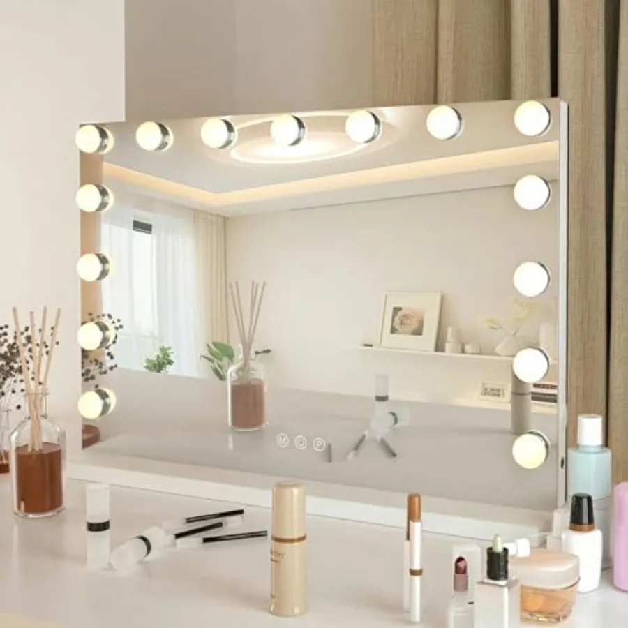 

Vanity Mirror with Lights, Large Hollywood Mirror with Lights with 15 Bulbs, 3 Colors Modes and Adjustable Brightness, Makeup M