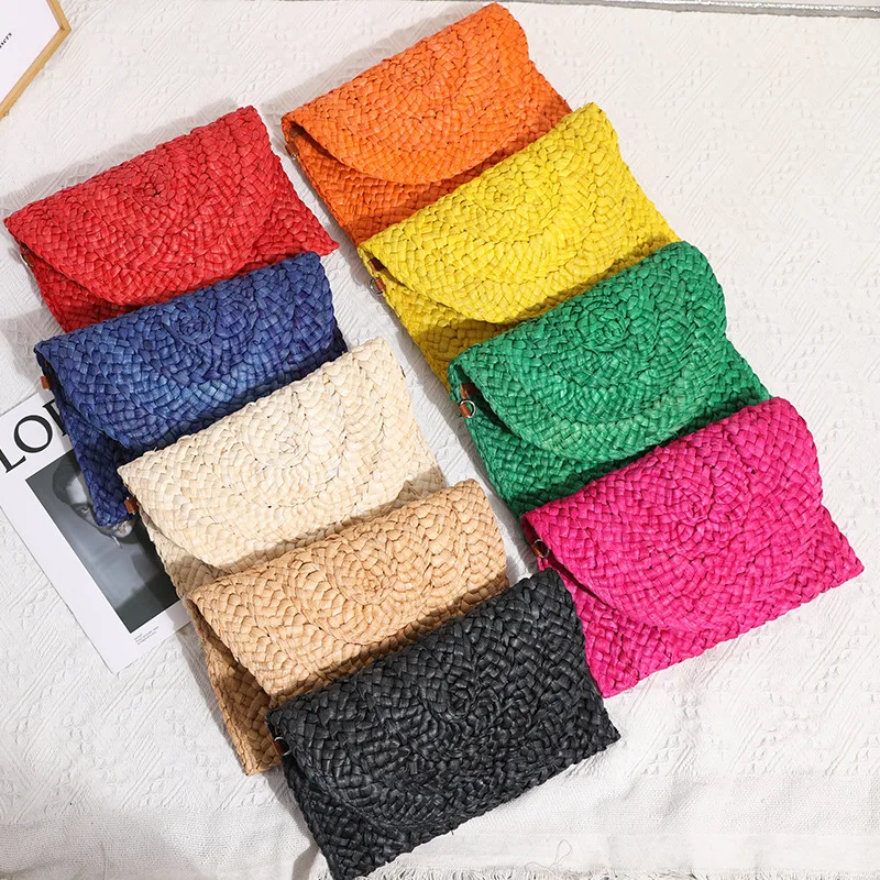 Milho Husk Weave Jantar Clutch Bag Moda Feminina Simples Sólida Palha Grande Bolsa Mulher Verão Casual Vacation Ladies Wallet 2023