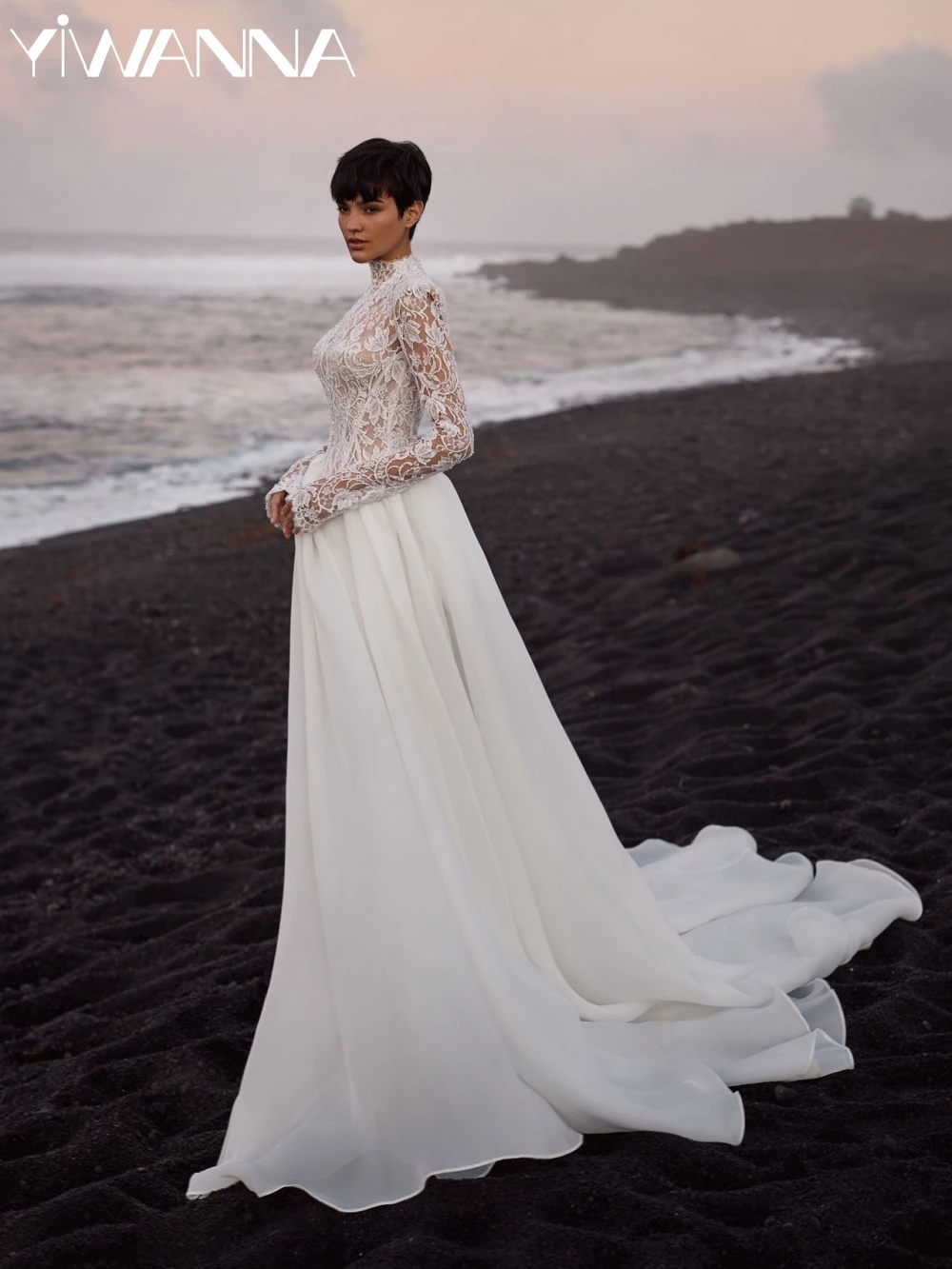 

2026 Shiny Beaded Lace Long Sleeve Wedding Dress Soft Chiffon A-line Bridal Gown Customized Dreamy Elegant Dresses For Bride