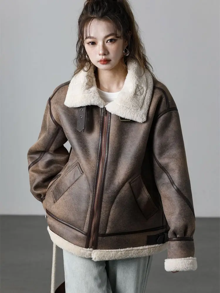 Korea Thickened Lambswool Fur Coat Fur Coat PU Leather Jacket Fall Winter Vintage Motorcycle Biker Jacket