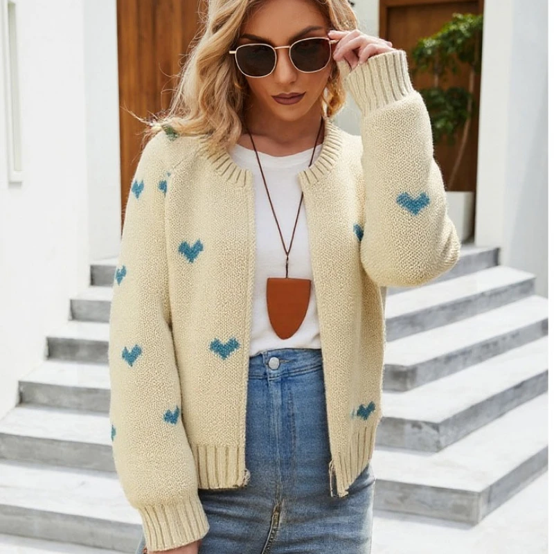 

Cardigan Women's Round Neck Zipper Sweater Sweet Heart Pattern Knitted Casual Long Sleeved Top Autumn/winter Knitwear