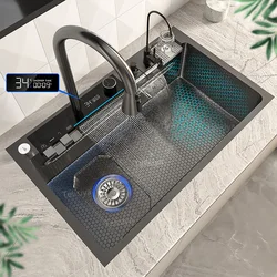 Digital display Waterfall Sink Stainless Steel Kitchen Sink Embossed Large Single Slot Multi-functional Wash Basin