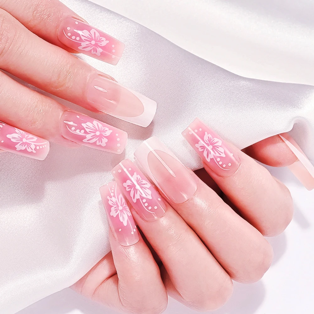 24 قطعة متوسطة زهرة طباعة الفرنسية وهمية مسمار فتاة استحى الوردي الباليه أظافر صناعية تلميح لتقوم بها بنفسك وصلات لإطالة الأظافر الاكريليك اضغط على الأظافر تلميح # #