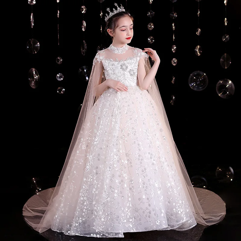 

Детское вечернее платье с хвостом, платье принцессы, стильное платье с цветочным узором для девочек на свадьбу, платье для выступлений на фортепиано, весна