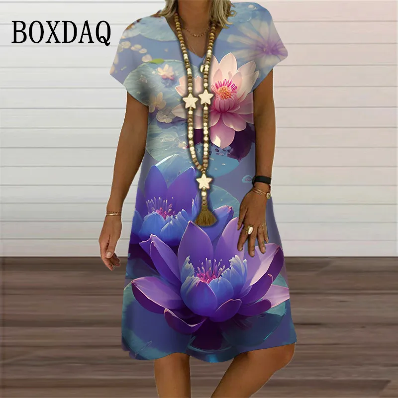 New Summer 3D Purple Pink Lotus Floral Print Dresses For Women Elegant Sweet Casual V-Neck Short Sleeve Dress Oversized Sundress