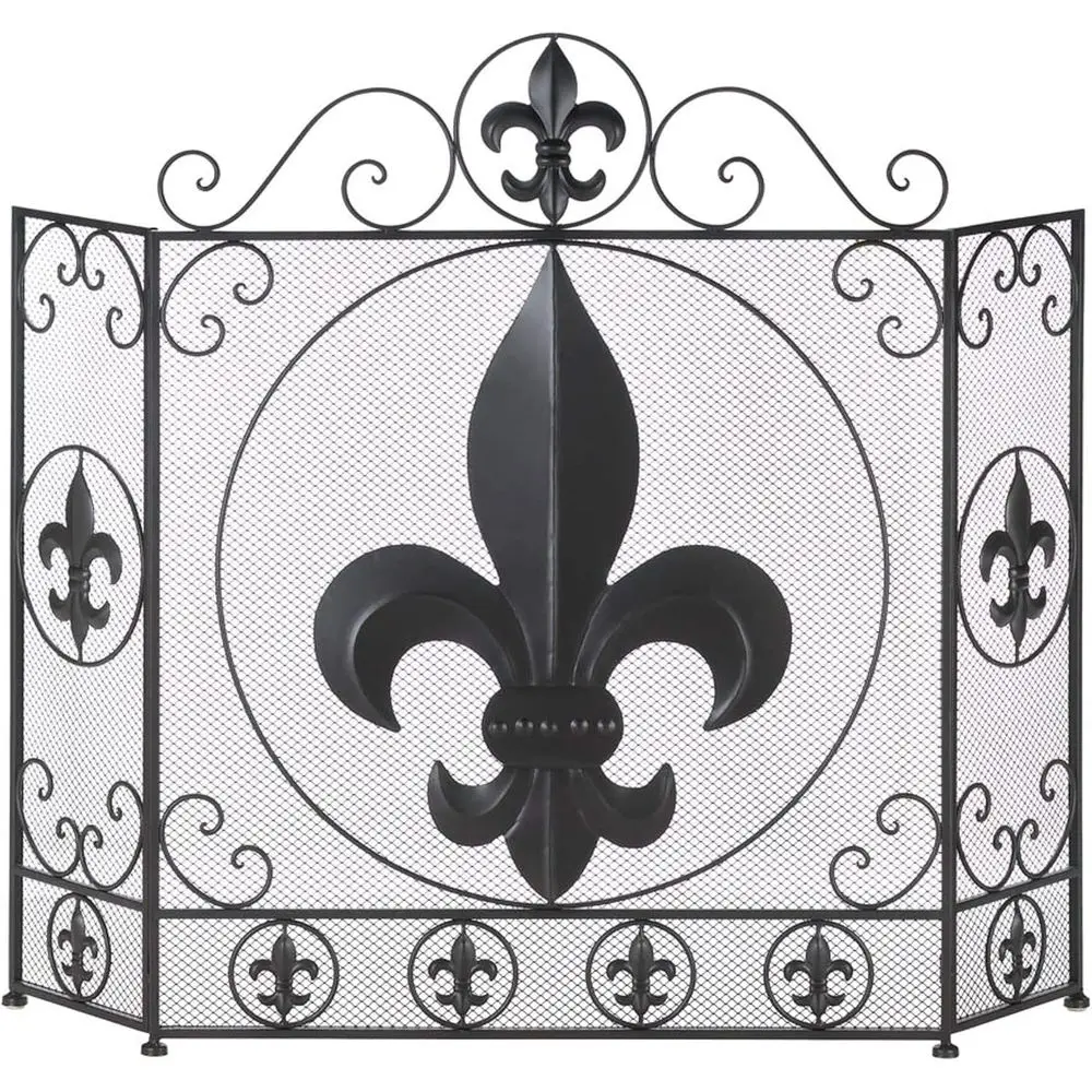 

3 Panel Decorative Iron and Mesh Metal ireplace Sn, leur de Lis, 25.75x7.875x33