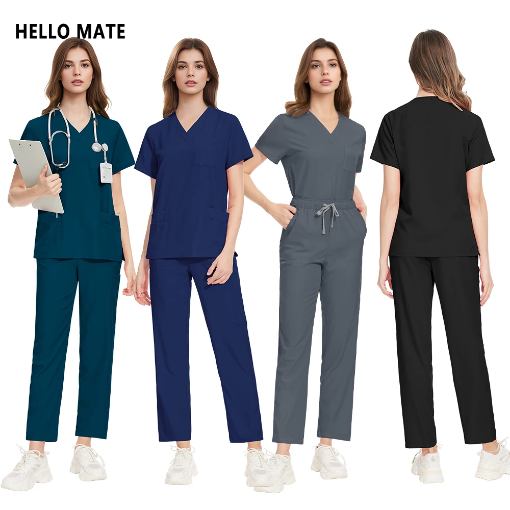 Hospital Clinical Workwear Dental Scrub Set Straight Pants Uniform Women Medical Surgical Clothes Unisex Pharmacy Lab Work Wear