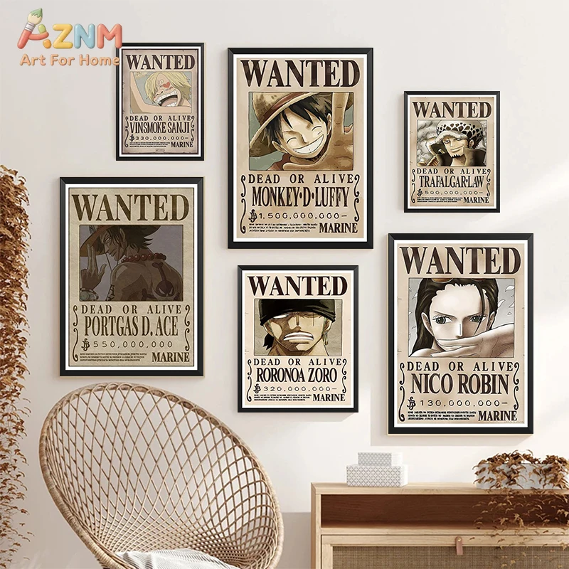 AZNM One Piece Luffy Ace Zoro Sanji Robin Law Vintage Wanted Bounty Poster Anime Frameless Canvas Wall Art, Manga Home Living Ro
