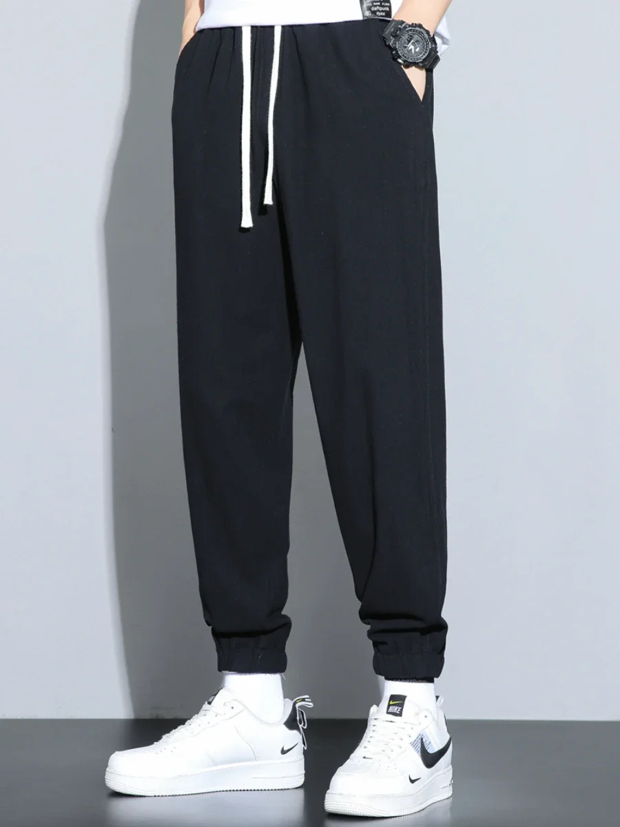 メンズコットンリネンパンツ男性秋の新通気性無地リネンズボン弾性ウエストストリートストレートパンツ男性