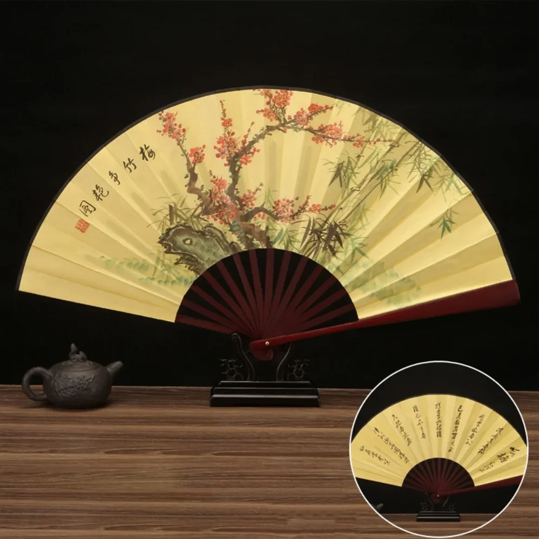 Éventail pliant de style chinois vintage 33,33 cm, éventail classique d'été ancien, éventail à main avec manche en bois, grand éventail en soie