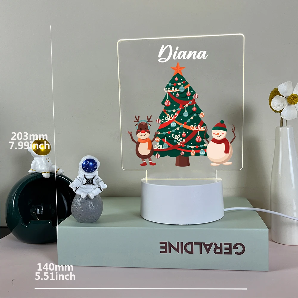 Árvore de Natal LED acrílica com nome, lâmpada personalizada da noite, veados e boneco de neve, presente visual, decoração