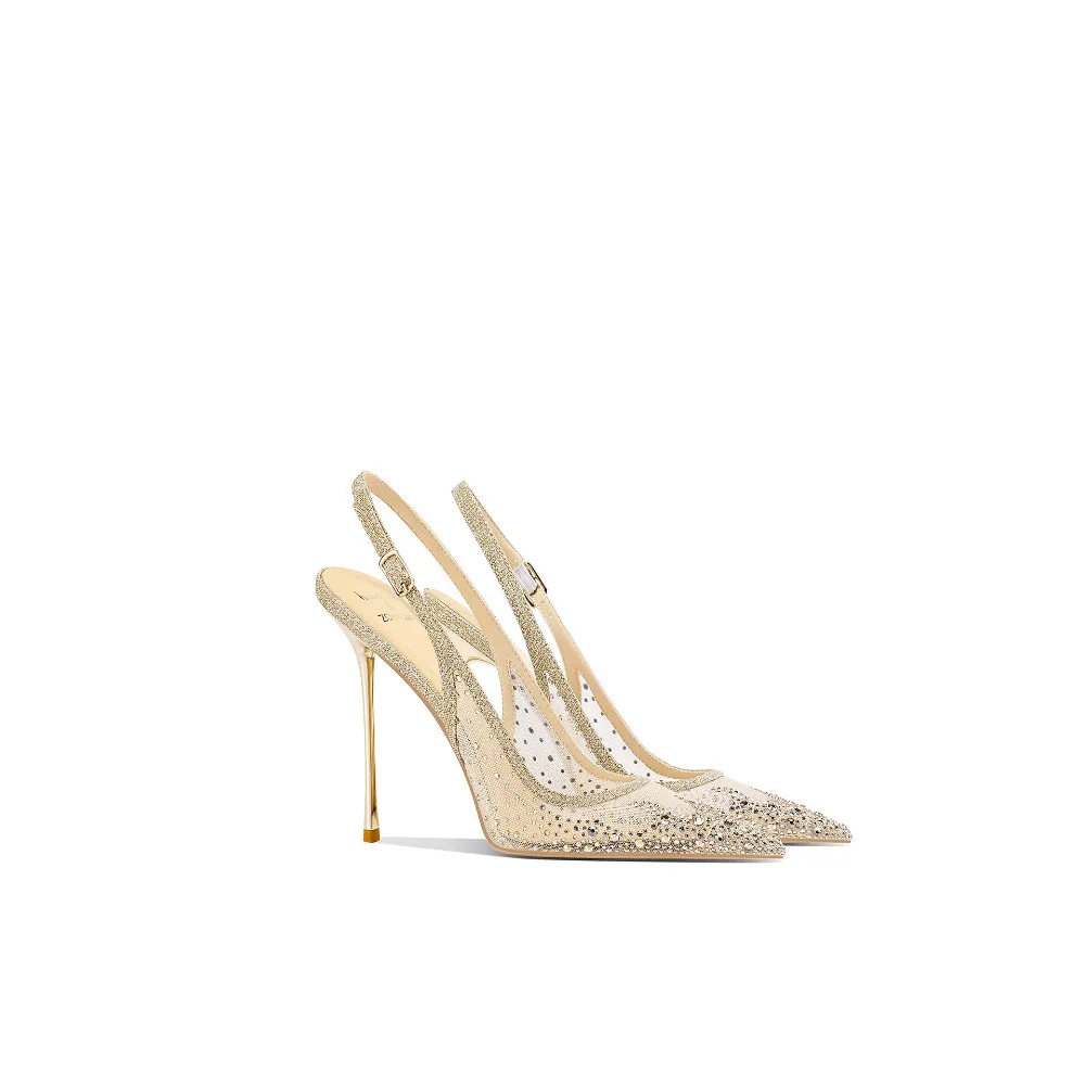 French Style Light Gold Pointed Toe Thin Heel High Heel Sandals Women New Spring Summer Closed Toe Elegant Sandals