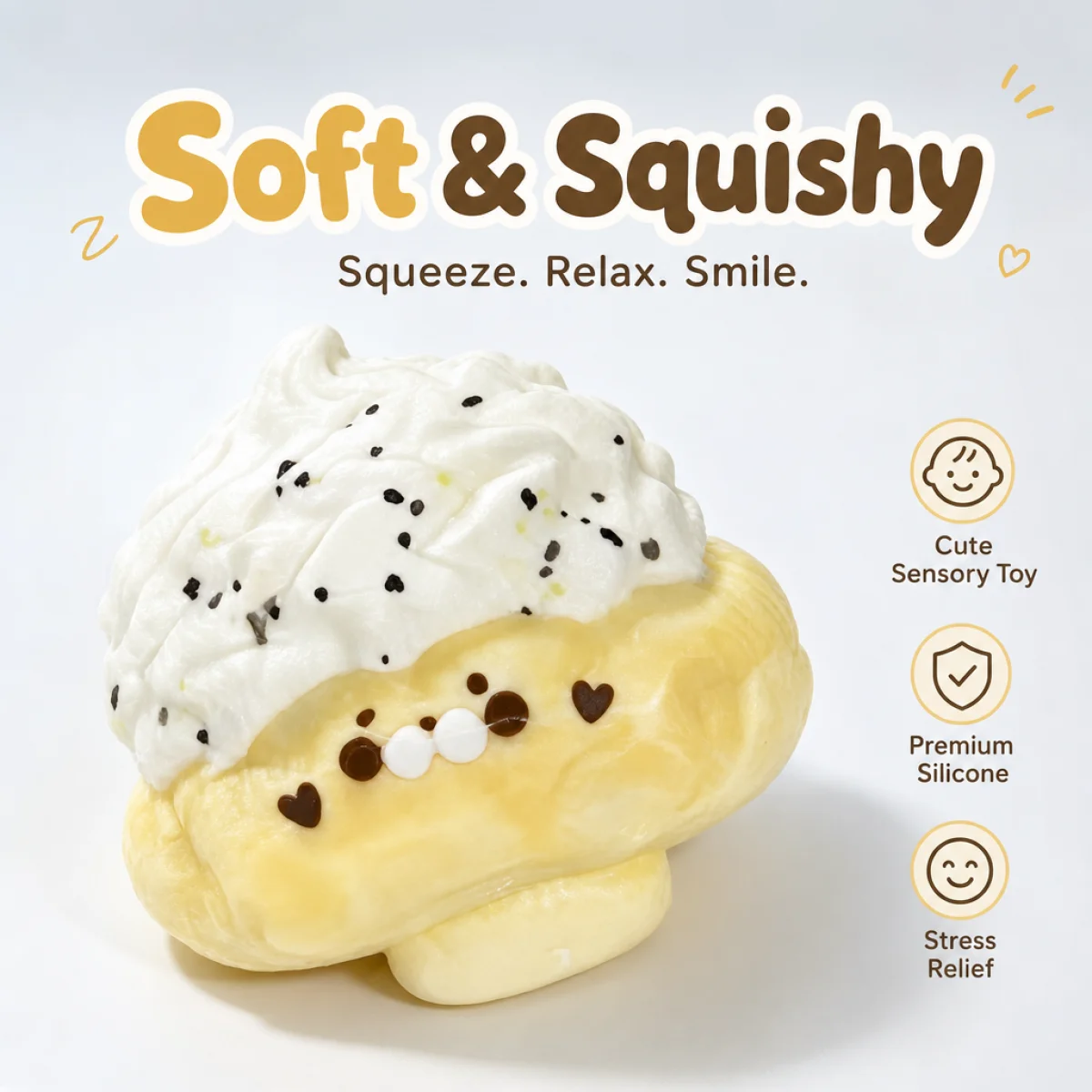 Food Safe Animal Face Choux Bun Squishy Toy Fluffy Cream Topped Puff With Chocolate Sprinkles Slow Rising Soft Hand Squeeze Toy