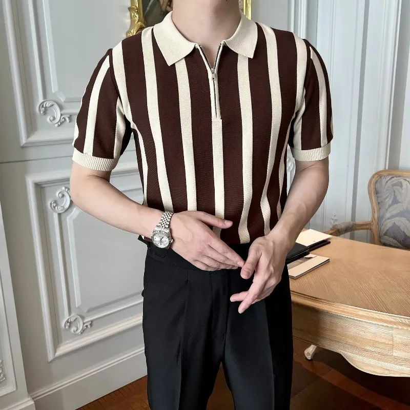 

Men's Clothing Leisure Light Luxury Knitted Polo Shirt Korean Striped Zipper Short Sleeve Retro Breathable Fashion Knitwear Tees