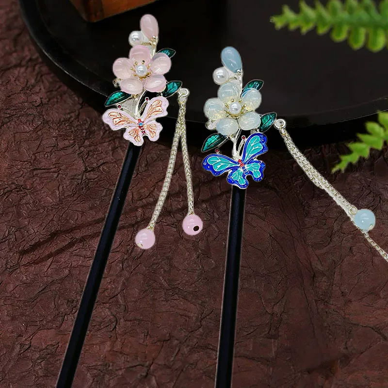 

Новые заколки для волос в китайском стиле с бабочками и цветами персика, женские аксессуары для волос с кисточками в древнем стиле, головной убор Hanfu с цветком