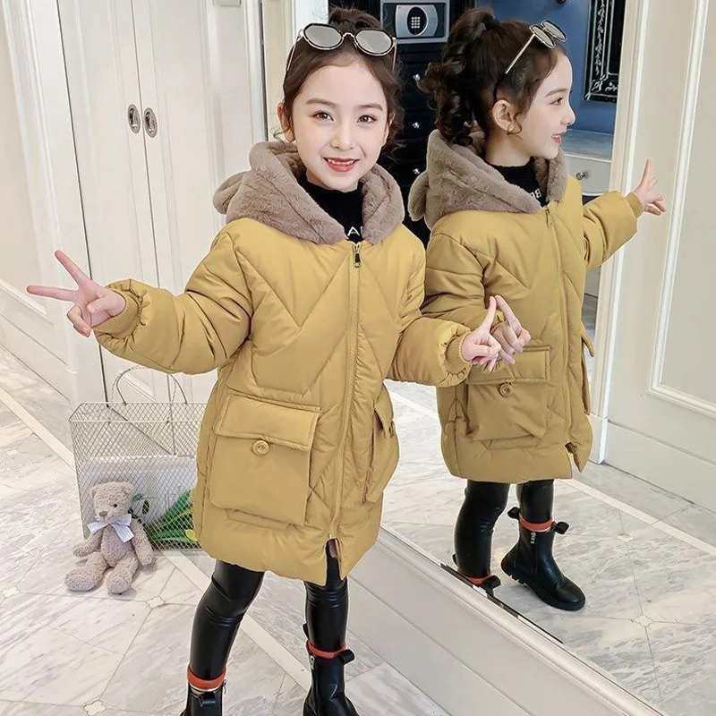 2023 Girls Winter Jackets Plus Velvet Warm Coats For Teen Girl Parkas Fashion Hooded Bear Children Outerwear Clothing 5-12 Years