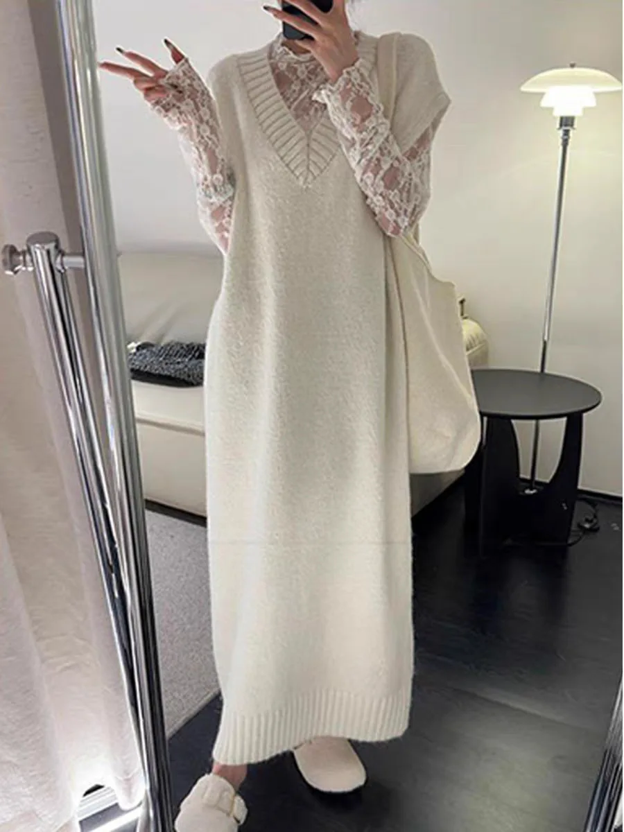 

Knee Length Pullovers For Woman Sweaters Jumpers Women Pretty Hollow Out Long Commuting Princess Elegant Pearl Single-Breasted