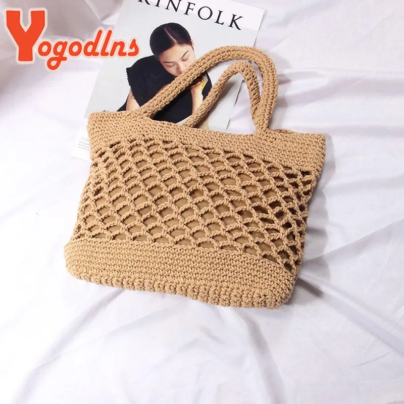 New Crochet Beach Handbag for Girls Summer Straw Rope Hollow Out Hand Woven Totes Bag Women Hollow Knitting Handbag