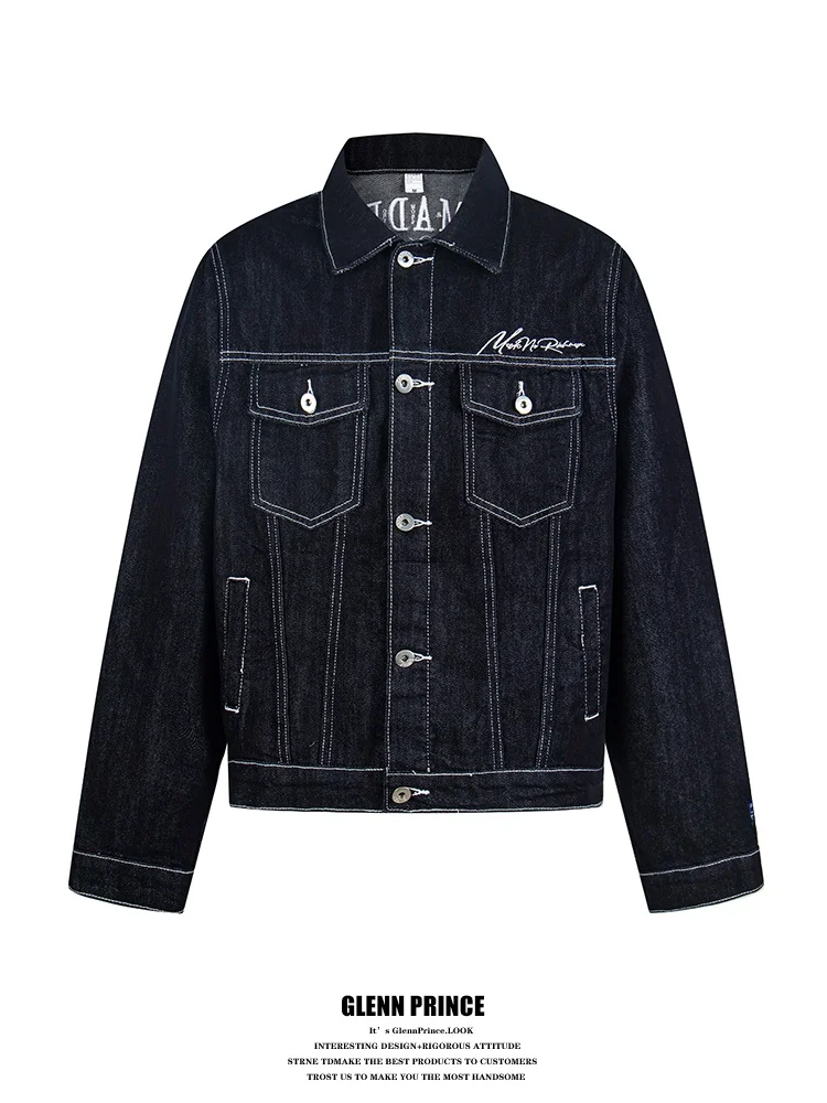 

Retro Hong Kong Sle Embroidered Denim Jaet ort Letter Design Spring High nce Sensation Men's Faion Outerwear